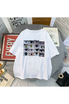 Eye-catching Weirdcore Aesthetic Eyes Print T-Shirt in 0075-white.