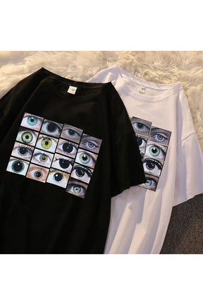 Eye-catching Weirdcore Aesthetic Eyes Print T-Shirt in 0075-white.