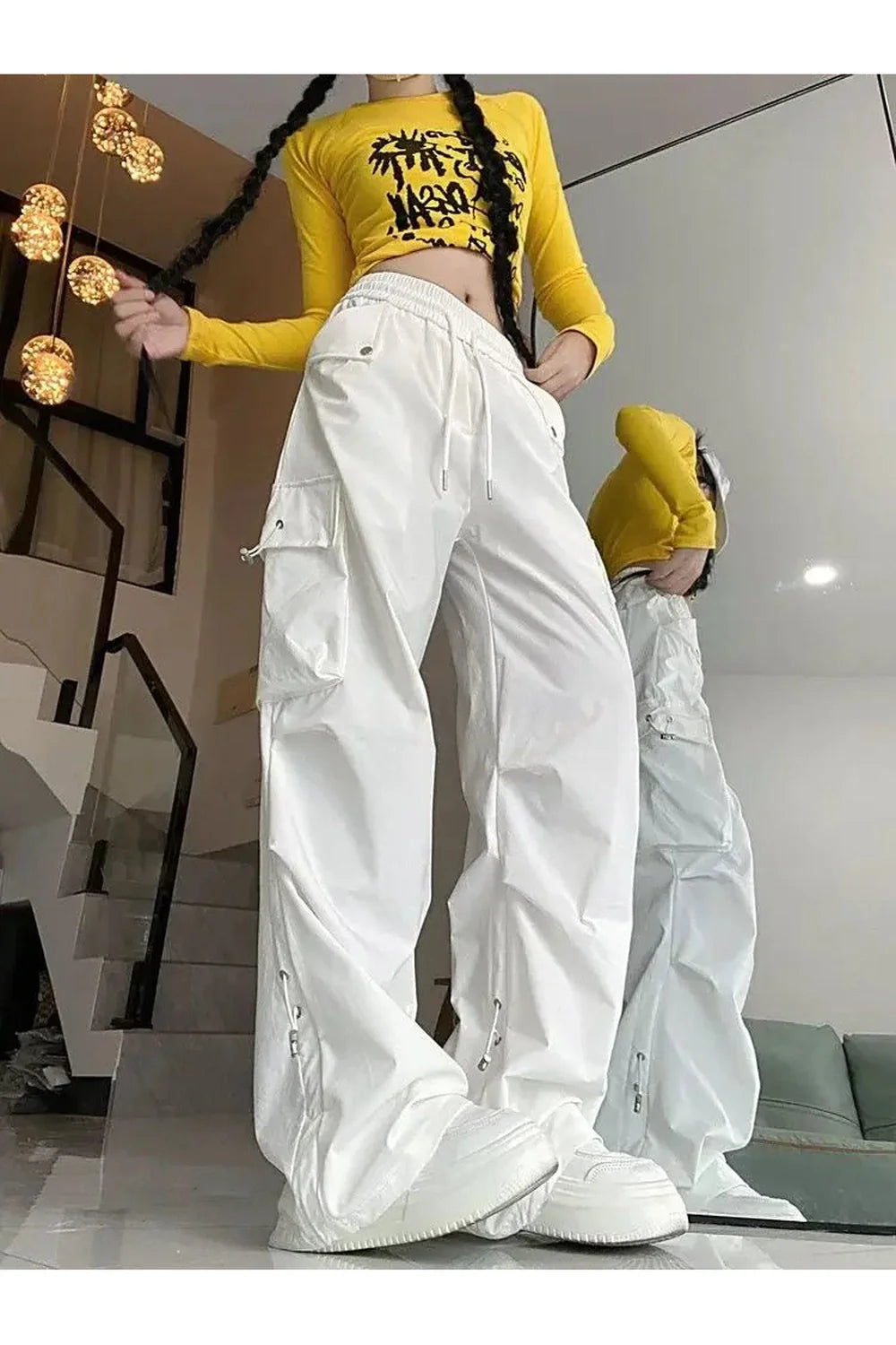 White Cargo Parachute Pants