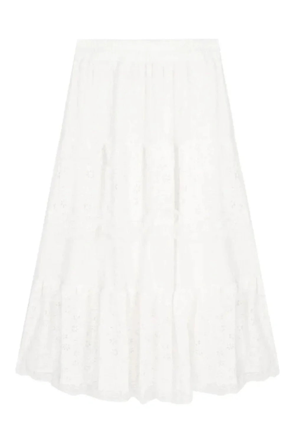 "Apricot variant adds charm to White Long Lace Skirt."