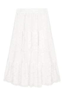 "Apricot variant adds charm to White Long Lace Skirt."