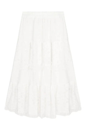 "Apricot variant adds charm to White Long Lace Skirt."