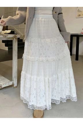 "Apricot variant adds charm to White Long Lace Skirt."