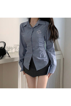 Women Striped Embroidery Shirt