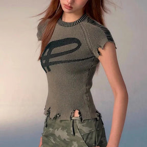 Knit top with worn-out logo design, as photo.