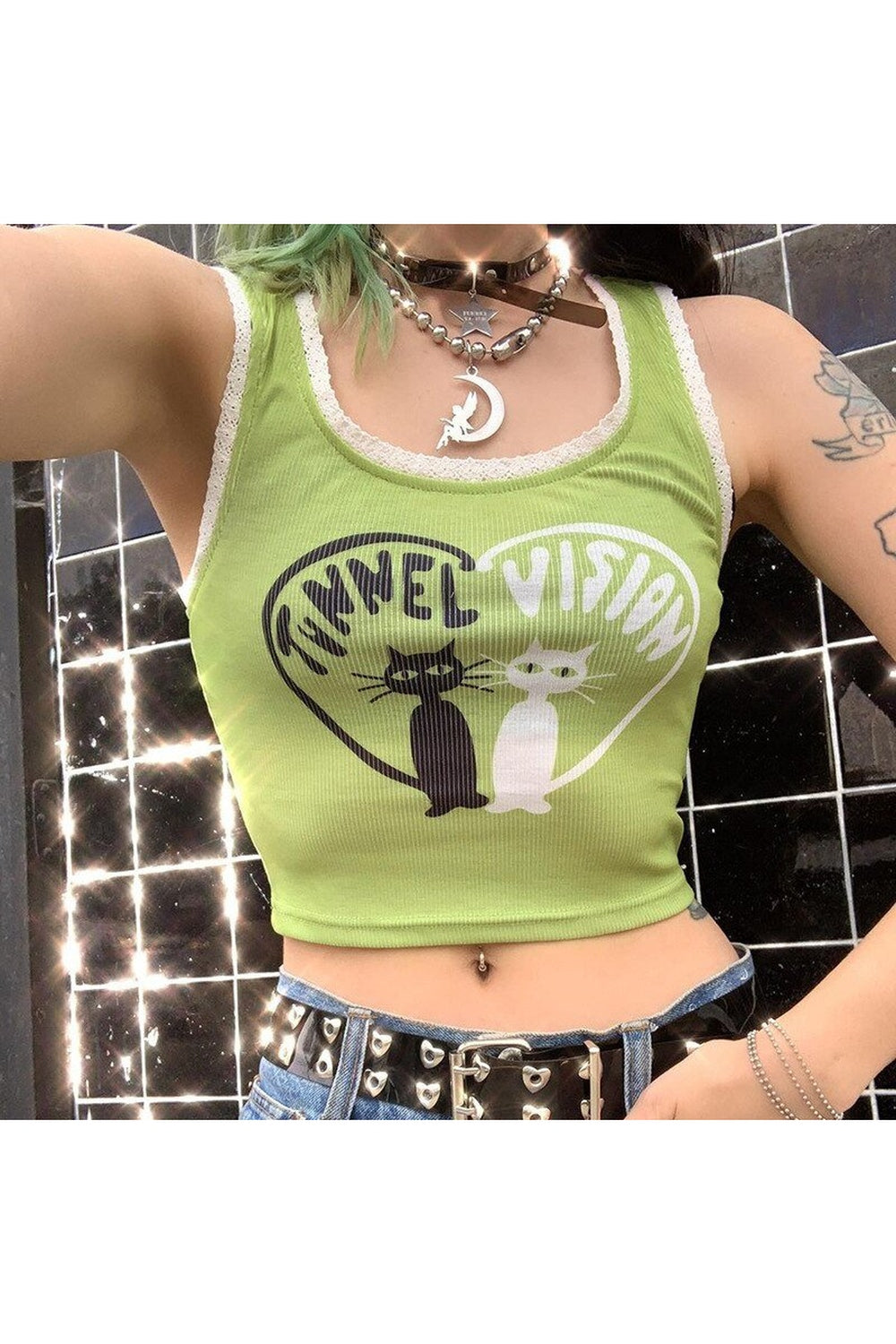 Y2K  Cartoon Green Print Crop Top