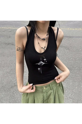 Black Y2K Devil's Eyes Retro Top with bold devilish details.