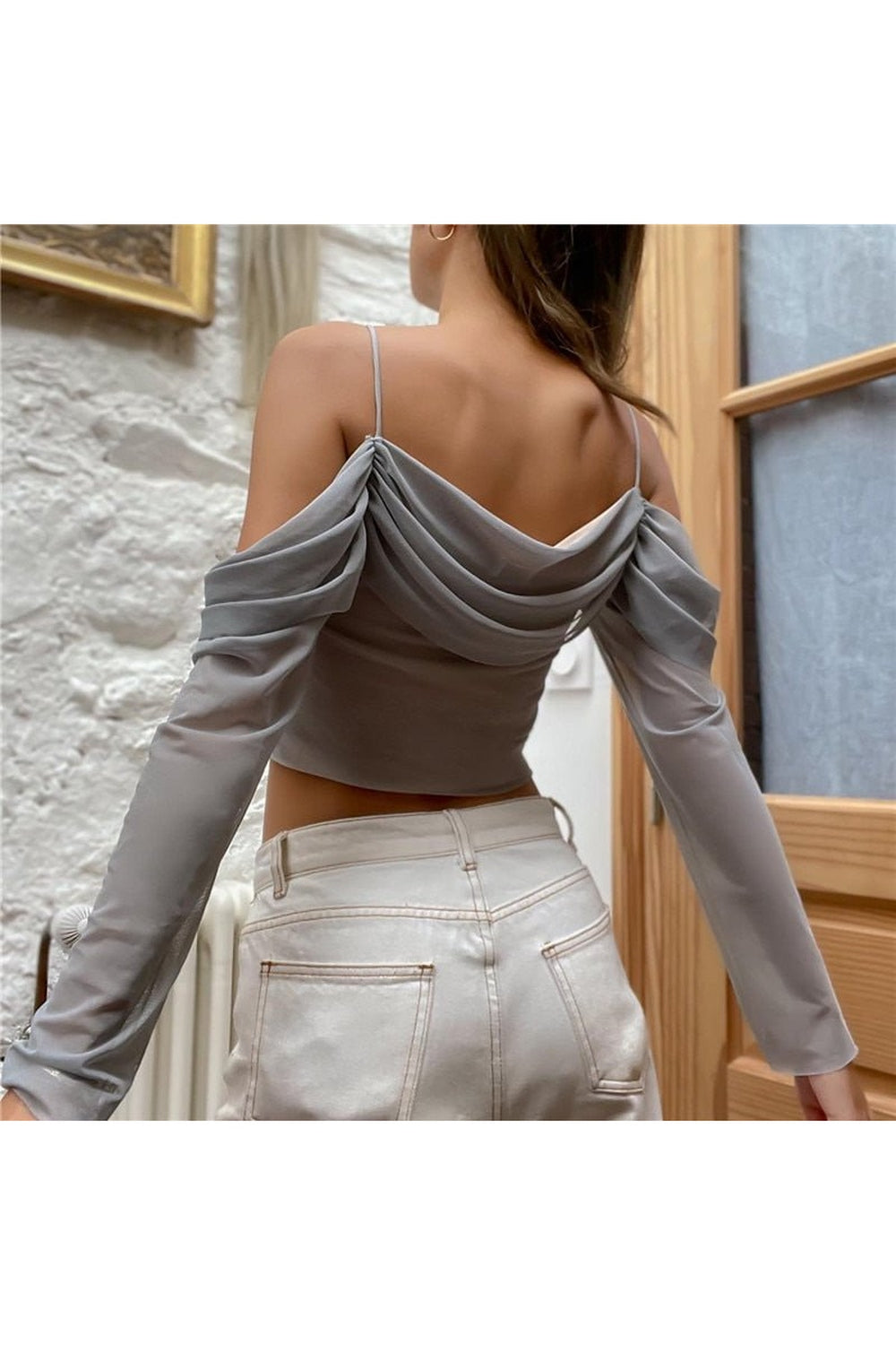 Gray Y2K Fairy Core Off Shoulder Crop Top.