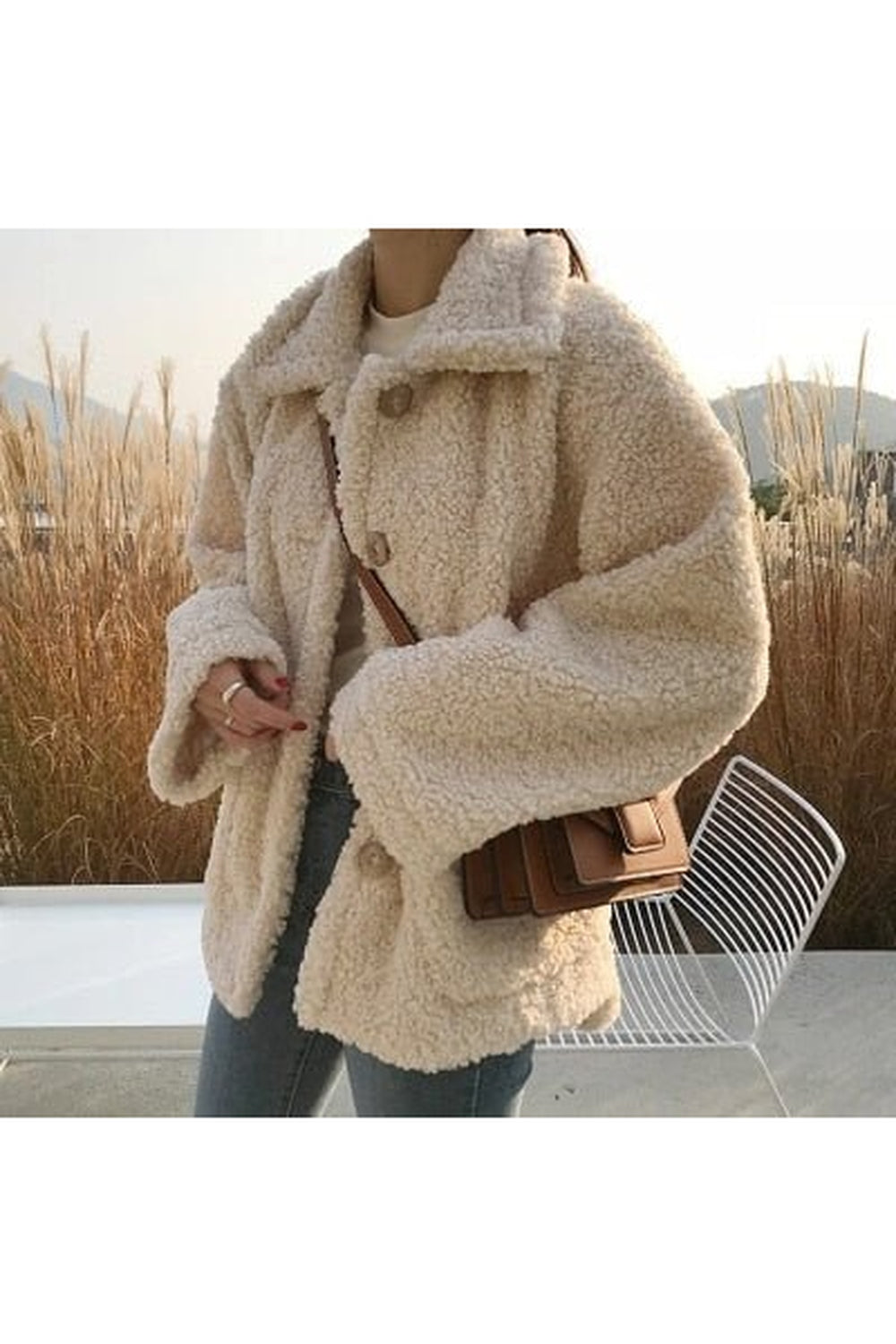 Cozy Fall Soft Shearling Winter Jacket in Beige.