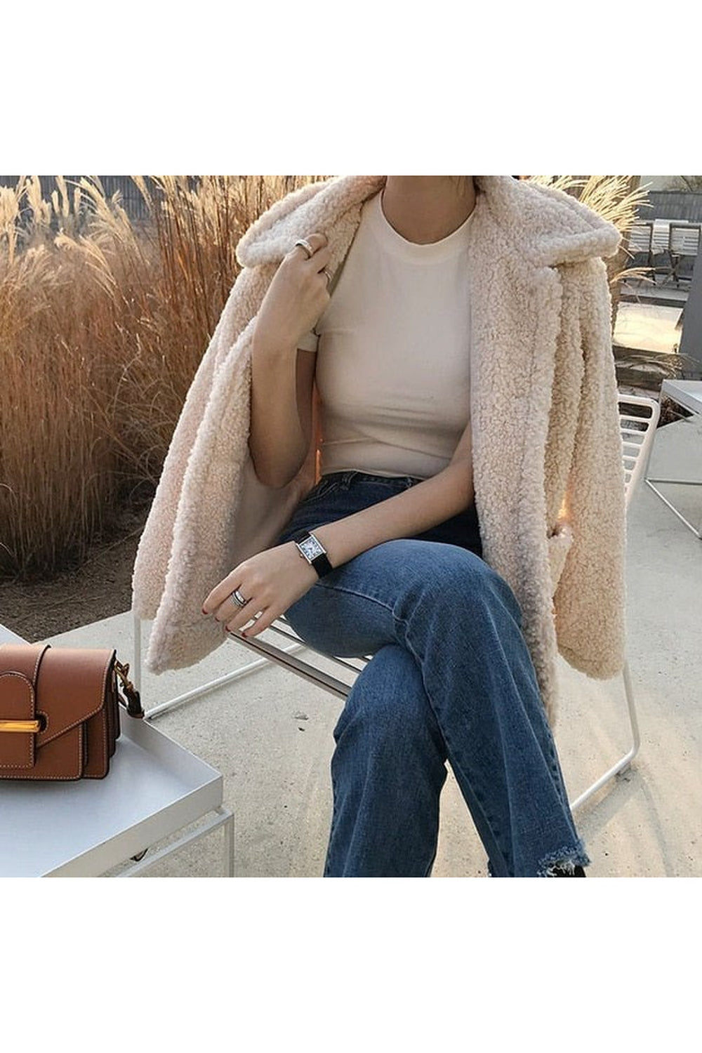 Cozy Fall Soft Shearling Winter Jacket in Beige.