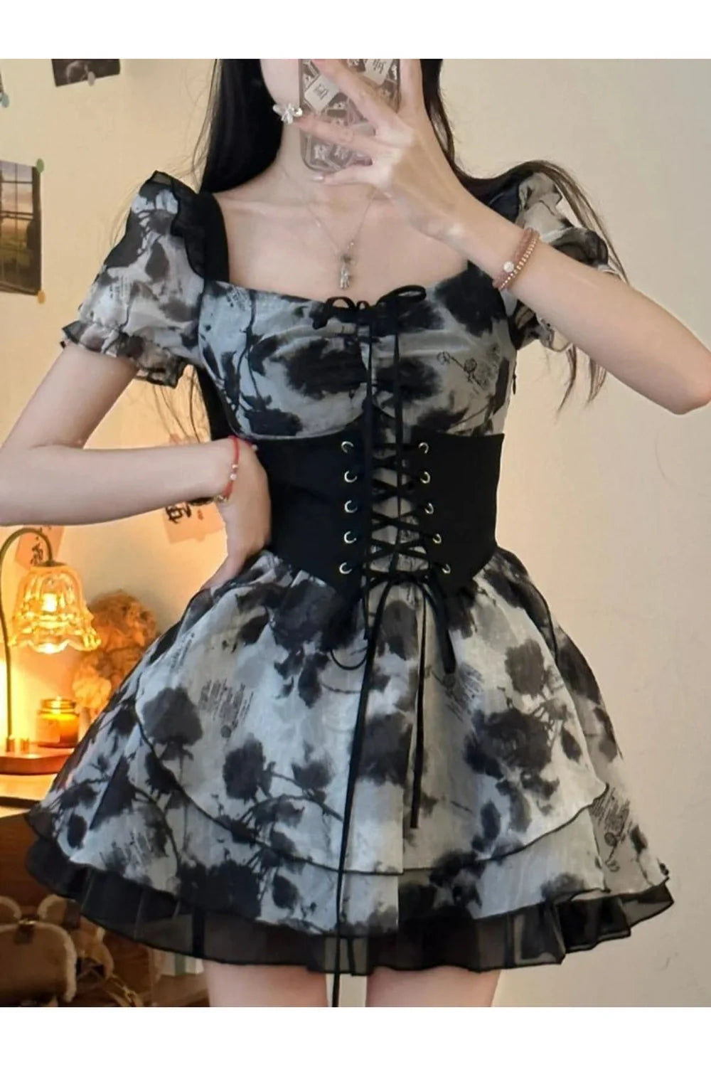 Floral corset dress set exudes Y2K charm.