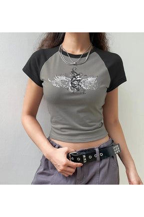 Gray Y2K graphic crop top featuring retro design.