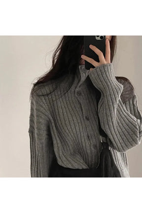 Fall Y2k Gray Turtleneck Button Cardigan