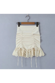 Beige Y2K lace hem mini skirt, elegant.