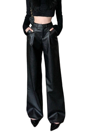 Black Y2K leather wide leg pants, sleek design.