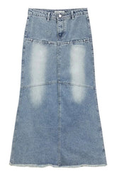 Blue Y2K denim skirt with low-waist fishtail silhouette.