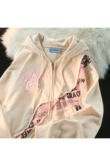 Fall Y2k Pink Star Zip Up Hoodie