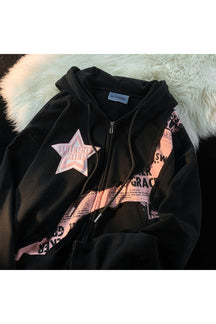 Fall Y2k Pink Star Zip Up Hoodie