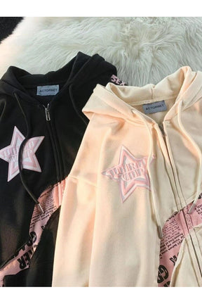 Fall Y2k Pink Star Zip Up Hoodie