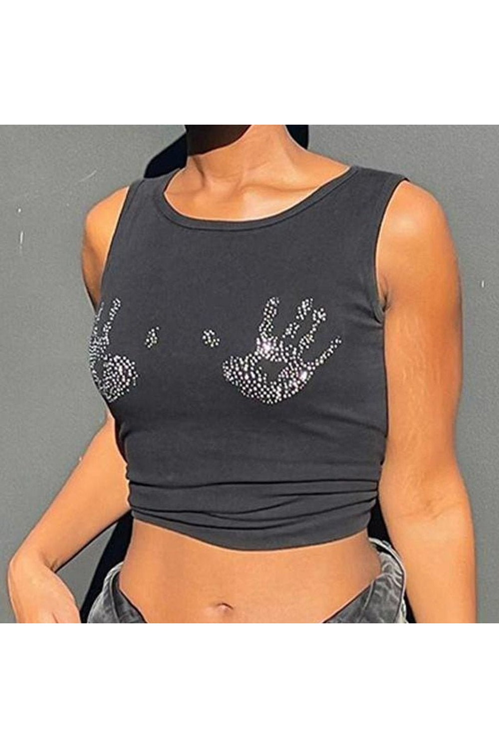 Stylish Y2k Rhinestone Hand Print Crop Top, variant nz818.