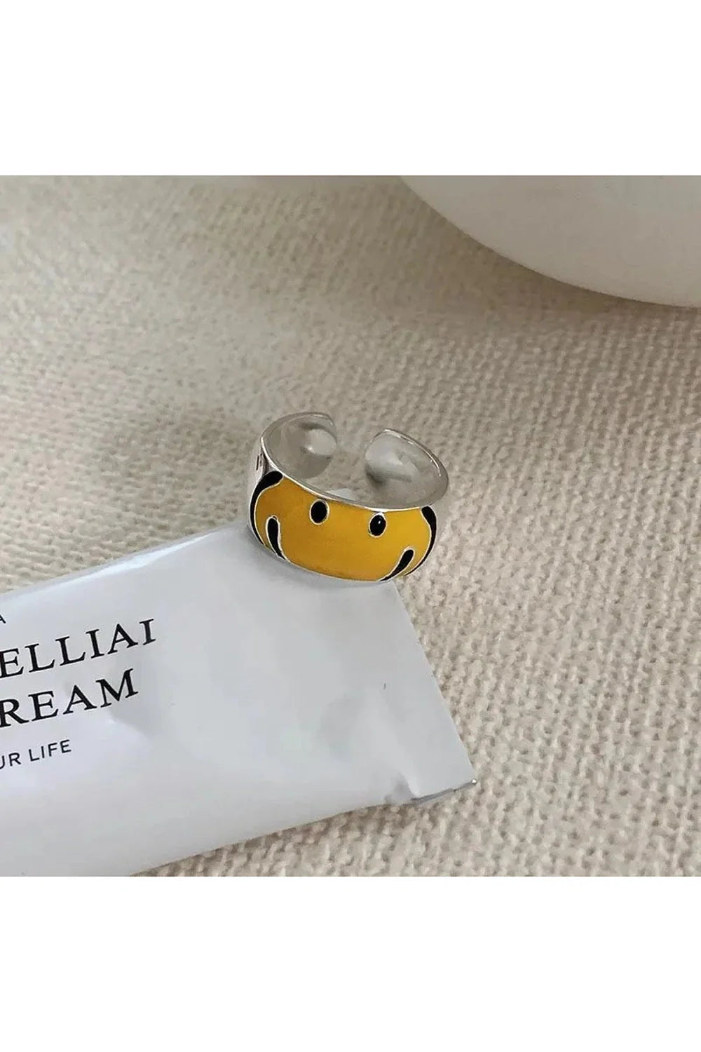 Yellow Smile Face Silver Ring