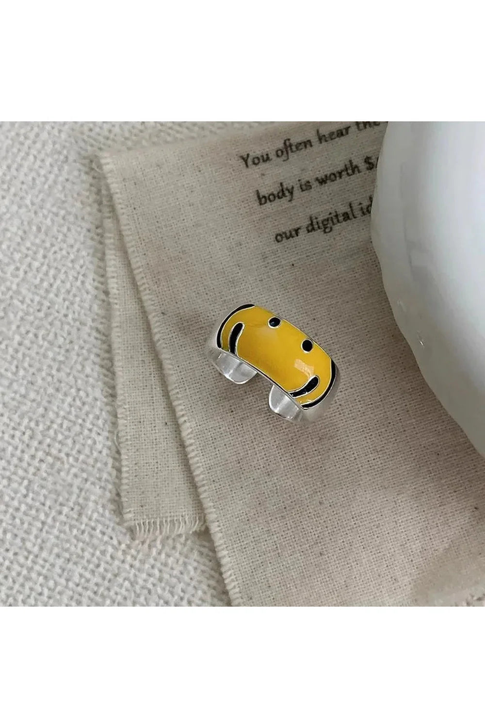 Yellow Smile Face Silver Ring