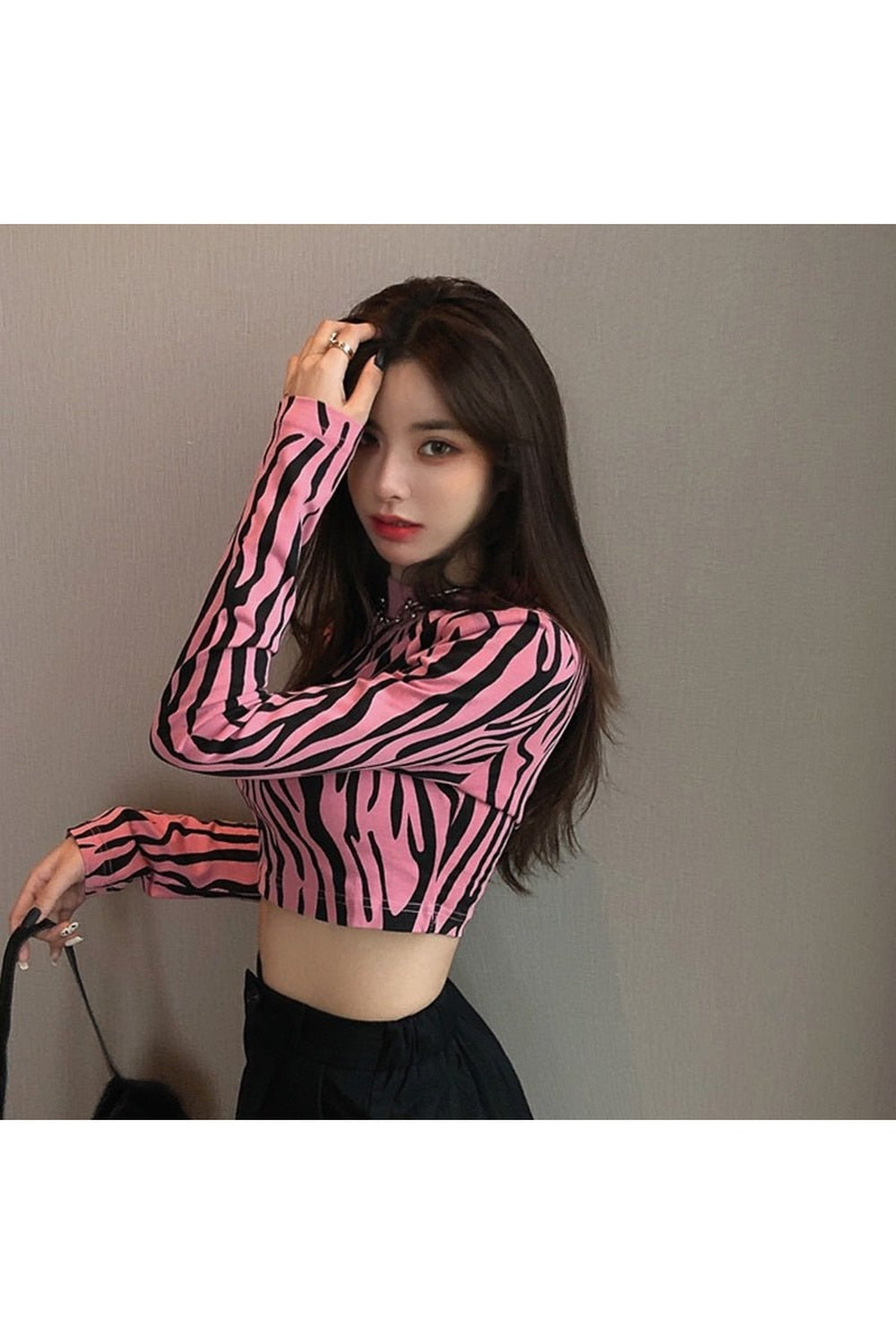 Zebra Long Sleeve Crop Top in One Size, trendy.